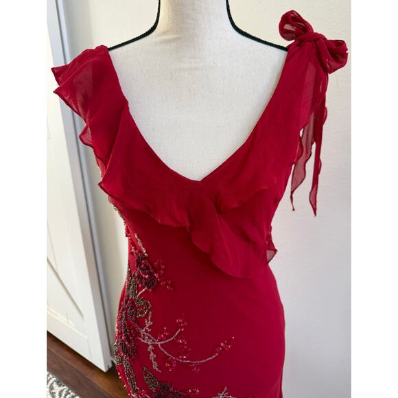 FLAWED Vintage Sue Wong Y2K Red Beaded Embroidered Asymmetrical Dress 12 S XS - Picture 4 of 17